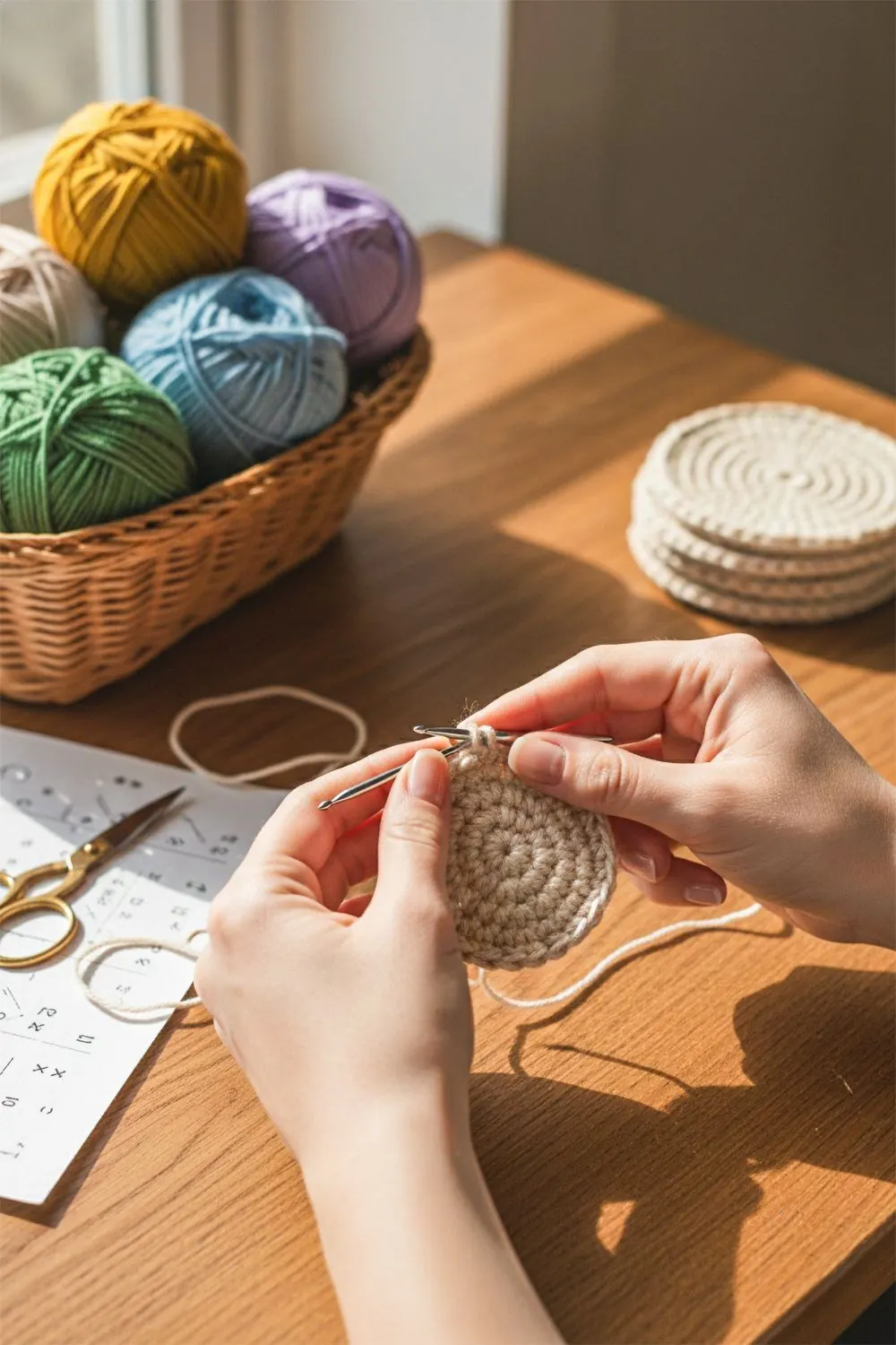 Crochet work in progress on a wooden table
