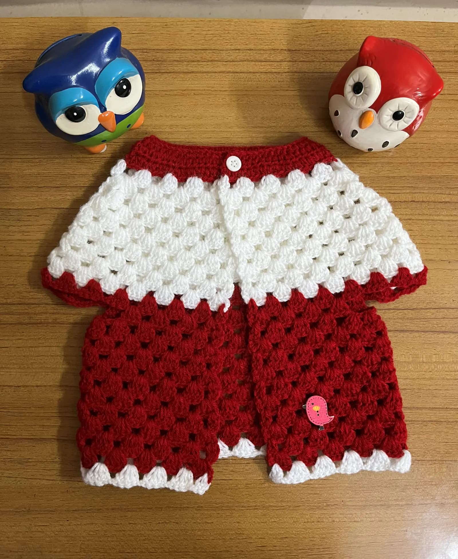 Red and white crochet baby cardigan