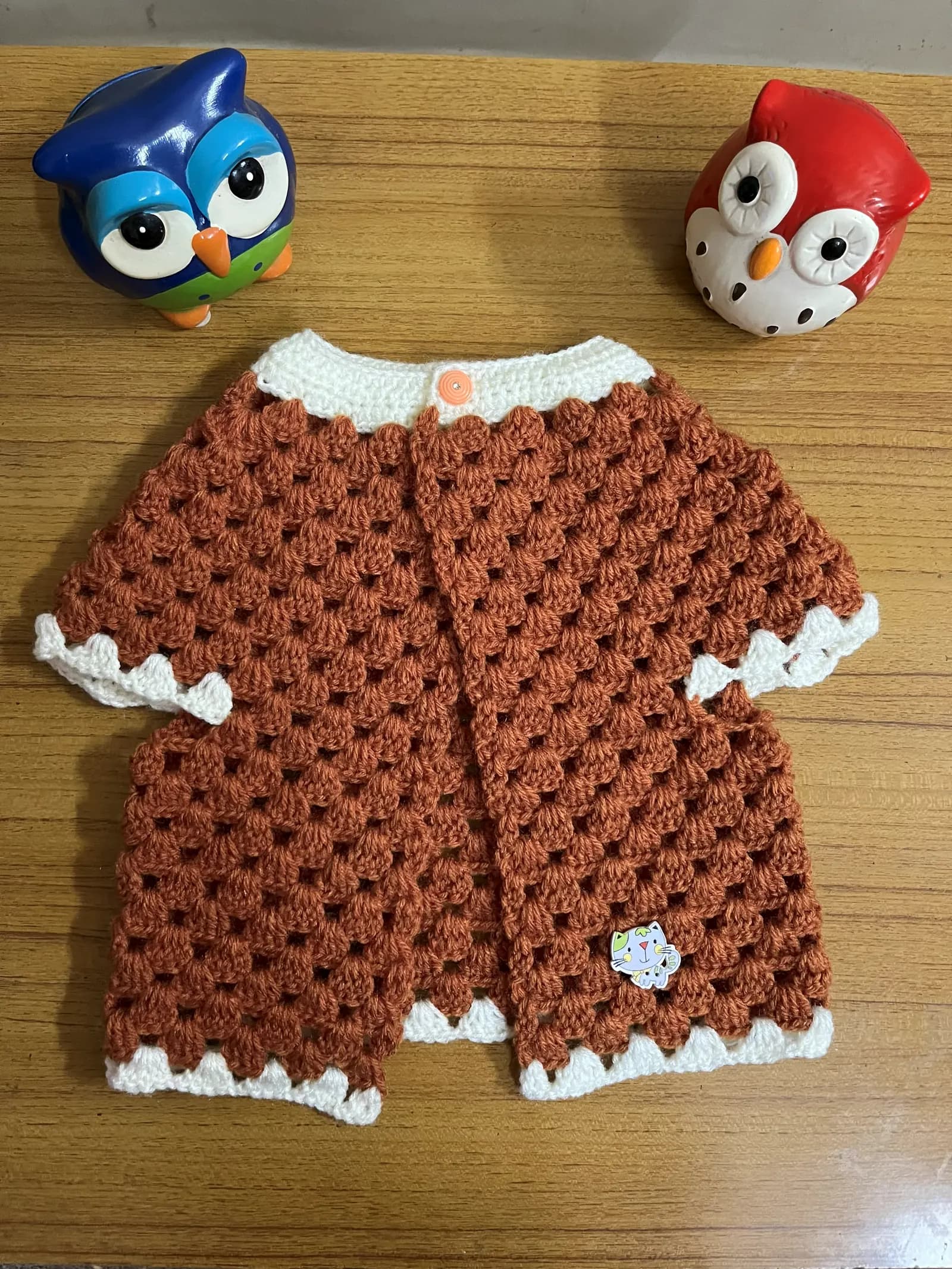Brown popcorn stitch crochet baby cardigan
