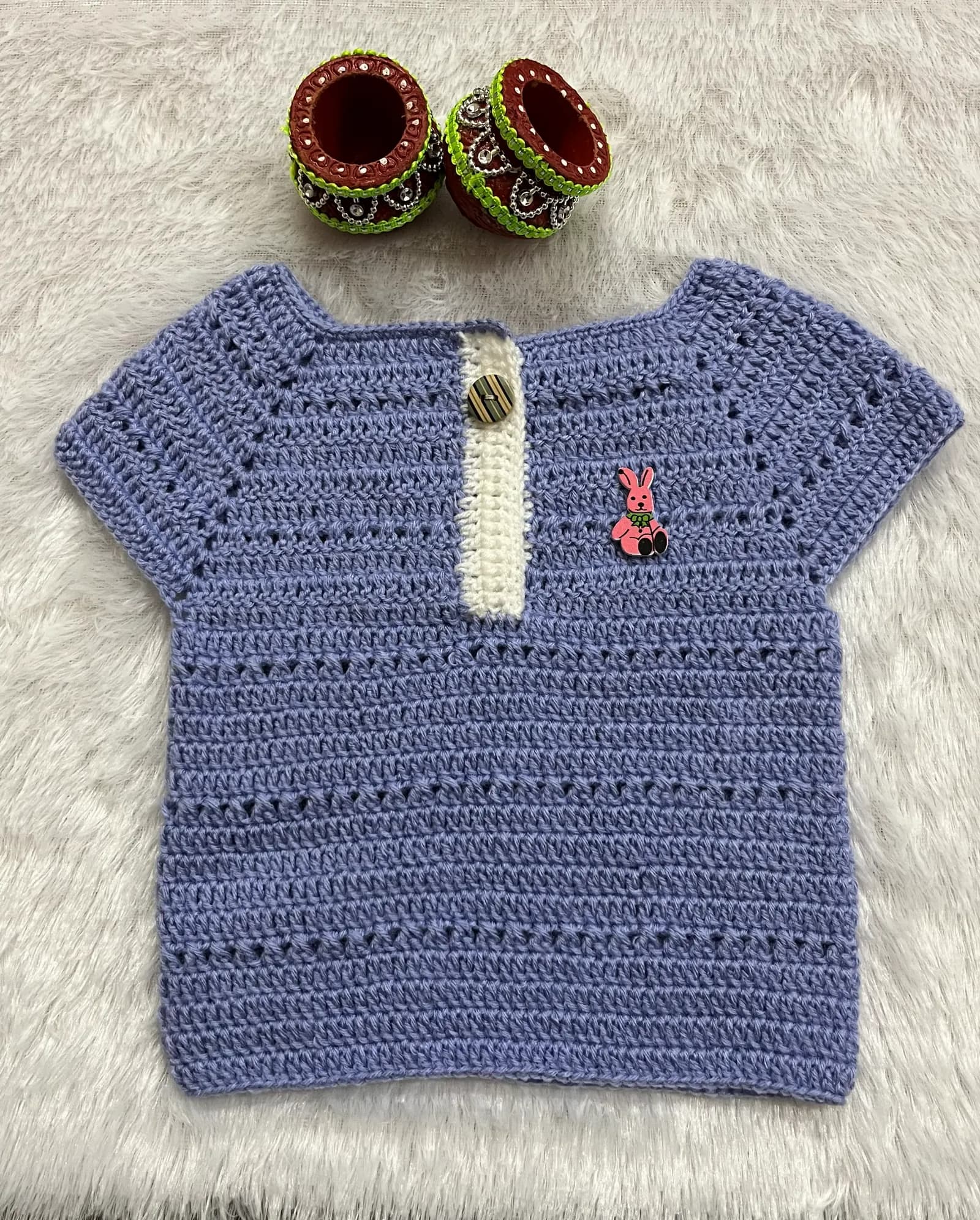 Lavender crochet baby top with button detail
