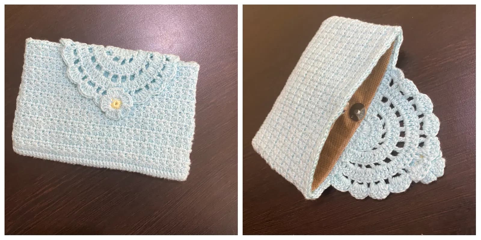Crochet purse in ocean blue and white tones