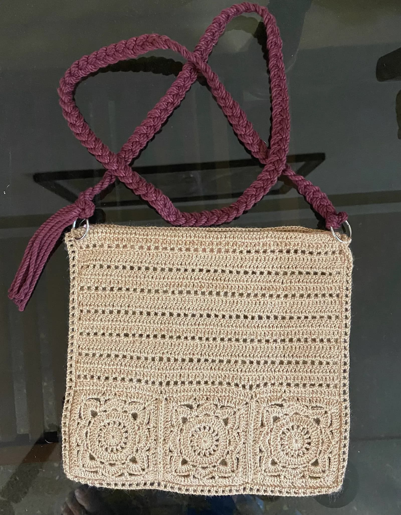 Pink crochet pouch with drawstring top